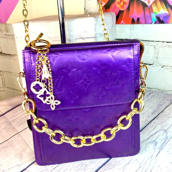 Louis Vuitton, Bags, Louis Vuitton Crossbody With Purple Custom Paint  Vernis And Bag Charm Keychain